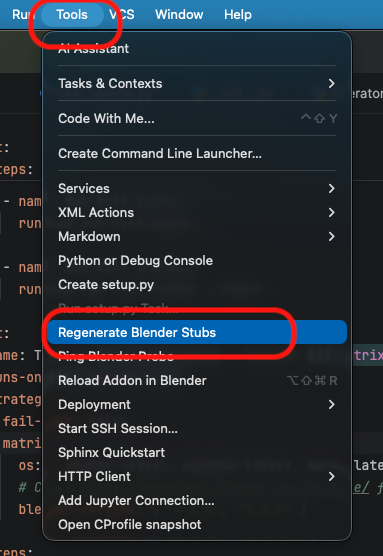 PyCharm menu showing Regenerate Blender Stubs action