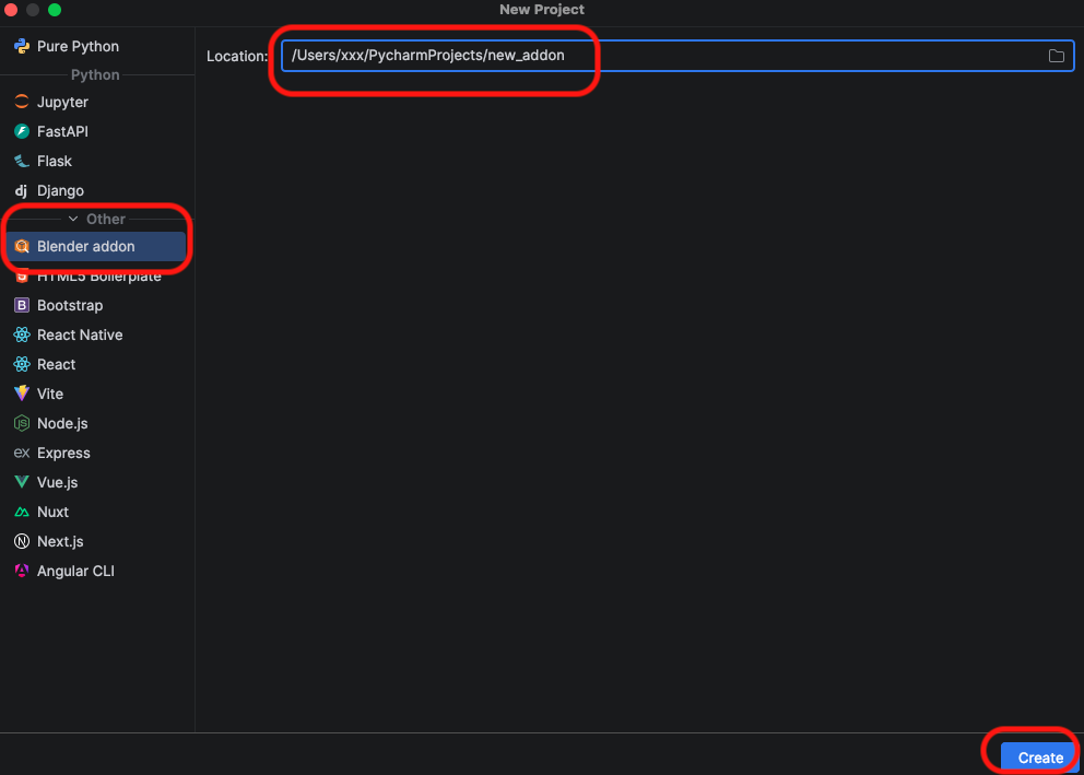 Blender addonジェネレーターを使用したNew Projectウィザード